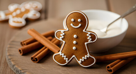Deliciously Decorated Gingerbread Man Cookie with Cinnamon Sticks and Frosting on a Wooden Board, Evoking Festive Holiday Baking Traditions