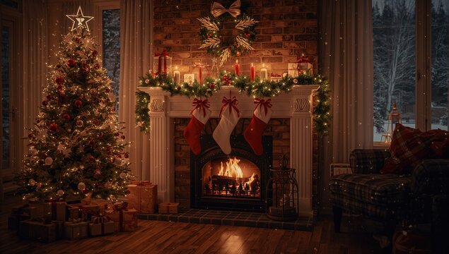 Warm ambiance in a snowy evening home interior with a fireplace, adorned with a Christmas tree and festive decorations, holiday magic