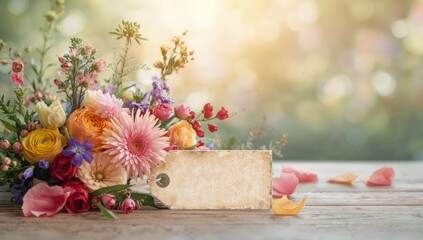 Postcard featuring fresh flowers with a blank tag for personalized messages, ideal for seasonal greetings