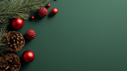 minimalist green background with red Christmas decorations on the right side, pine cones and ornaments