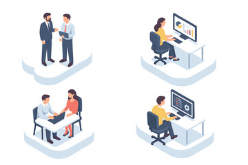 Isometric scenes showing business communication, data analysis, teamwork, and software development