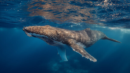 Obraz premium Whale's Underwater Ballet: A majestic whale glides gracefully beneath the ocean surface, showcasing the incredible beauty of marine life and the wonders of the deep.