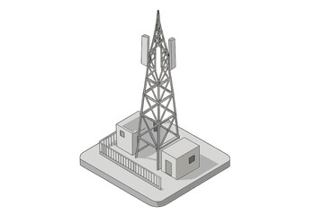 Modern cellular network transmission tower with base station buildings and protective railing