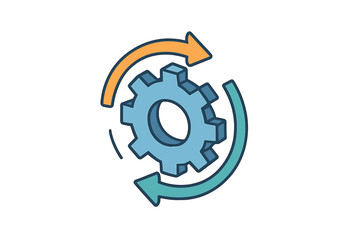 Blue cogwheel mechanism with circular arrows representing continuous process and system update