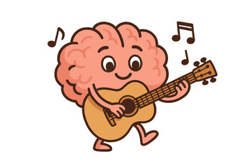 Cute cartoon brain character playing an acoustic guitar surrounded by floating musical notes