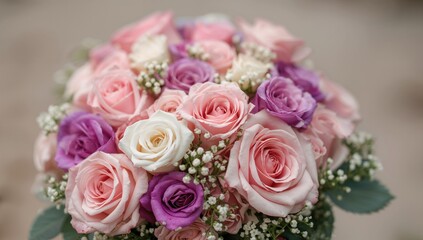 Obraz premium Close-up of pink, purple, and white roses arranged in a wedding bouquet, spring and summer floral choice