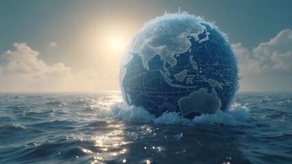 Wireframe globe overlay design. Ultra realistic ocean landscape background. Engaging visual concepts for digital art. Creative visualization techniques for artists.