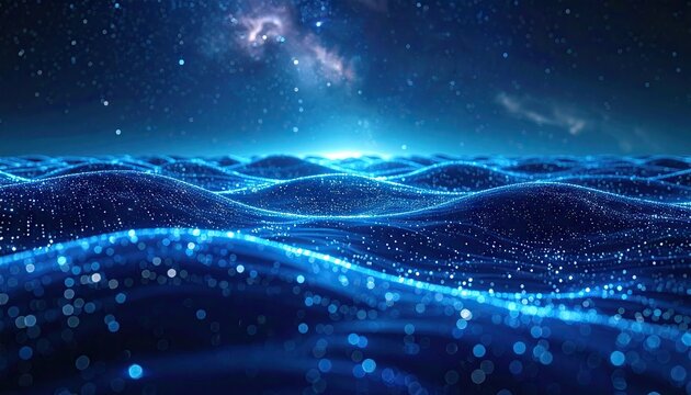 Abstract Digital Ocean Surface Ripples Glowing Blue Particles Under Starry Night Sky Dynamic Flowing Abstract Background