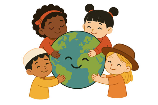 Diverse young children embracing the world globe symbolizing global unity and community