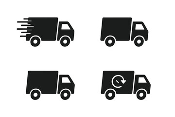 Set of delivery truck icons symbolizing fast shipping, transport, and return logistics services