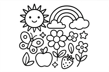 Black and white outline doodle set of cute spring and summer nature elements for kids
