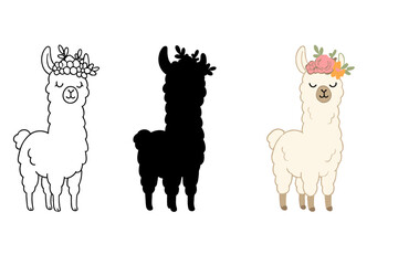 Cute llama character set wearing a floral wreath in outline, silhouette, and colored styles