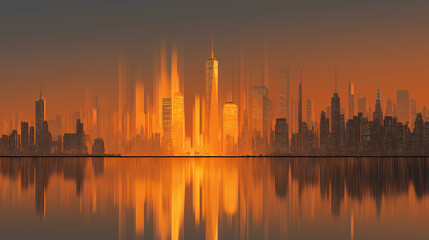 Obraz premium Cityscape Silhouette at Sunset: The silhouette of a cityscape against the warm glow of the sunset, casting a golden hue over the water. A scene of urban tranquility.