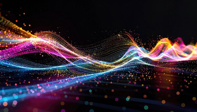 Abstract Digital Waves of Neon Light Particles Flowing Through a Dark Cosmic Background with Shimmering Stars