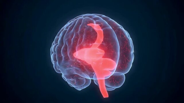 Glowing red and blue transparent human brain with highlighted brainstem against dark background