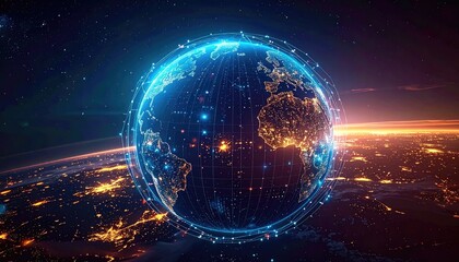 Abstract Earth Network Globe Illuminated with Blue Digital Lights Above a Cityscape at Dusk with Fiery Orange Horizon
