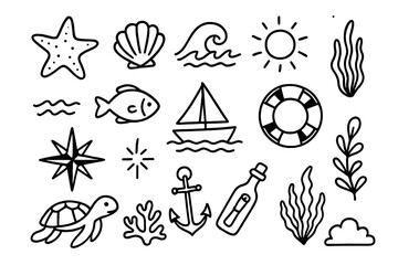 Black and white hand drawn collection of marine life and nautical symbols for summer travel