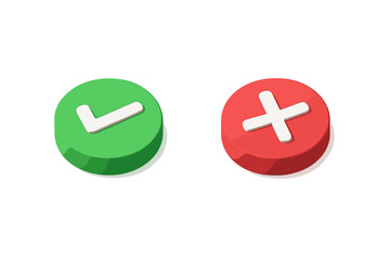 Fototapeta premium Volumetric 3D style checkmark and cross icons for correct and incorrect choices