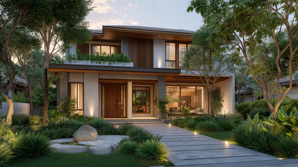 Modern Luxury Residence: A stunning modern house showcases contemporary architecture and seamless integration with nature, emphasizing luxurious living and environmental harmony.