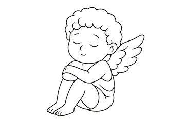 Peaceful sleeping baby angel cherub character sitting down in simple black and white outline