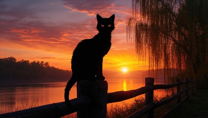 Silhouette of a black cat perched on a fence post during sunset, emphasizing solitude