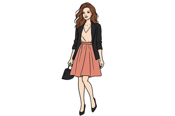 Stylish young woman in black blazer and peach skirt walking with handbag