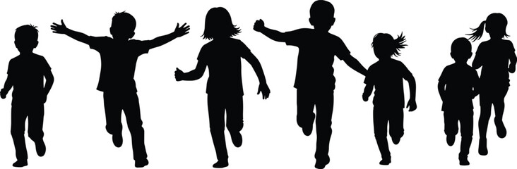 PrintJoyful children running together in playful silhouette scene, expressing energy, freedom, happiness, teamwork, outdoor fun, unity, motion and childhood excitement