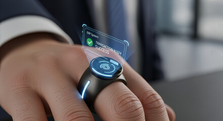 Smart ring with holographic display confirming access granted, showcasing futuristic technology and secure authentication