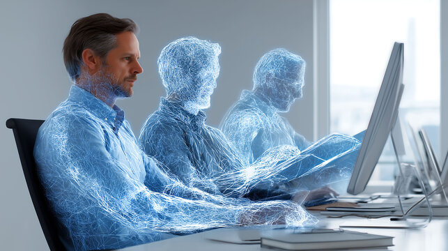 A professional man with holographic digital clones working at a bright modern office desk