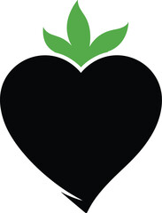 Black heart shape with green leaves on white background symbol