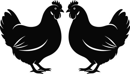Two black chickens facing each other on a white background vector graphic fowl poultry