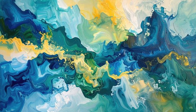 Abstract flowing waves of blue green and gold with sparkling particles suggesting movement and energy a vibrant digital artwork - Powered by Adobe