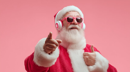 Photo of excited santa claus with headphones and stylish sunglasses, dressed in a red suit and hat, enthusiastically raising hands on a vibrant pink background, enjoying the festive season
