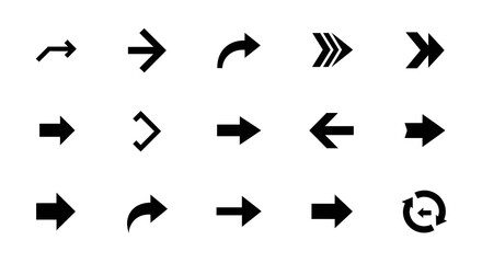 Collection of black arrow icons pointing in various directions symbol navigation