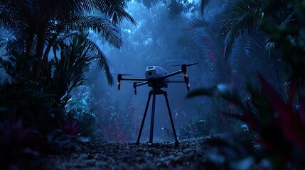 Drone on a tripod in a dark jungle environment with palm trees and dense foliage at night time
