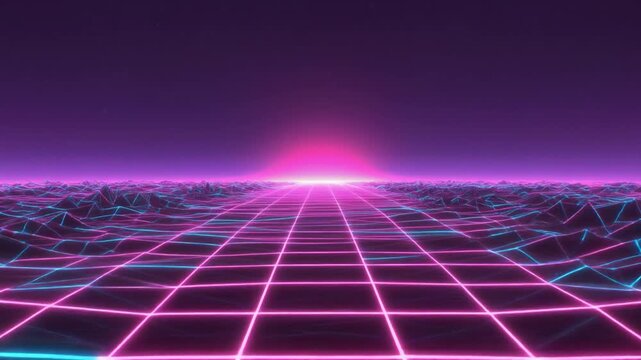 A slowly pulsing neon grid stretches across a purple-pink horizon. Retro synth ambiance with subtle glow bloom creates a calm cyber aesthetic seamless loop