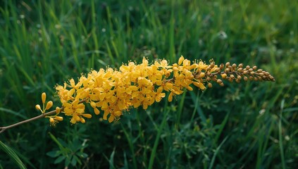 Yellow-flowered branch set against lush green grass, seasonal change