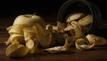 A discarded apple peel beside a limp, peeled apple on a table, risk of refined sugar load