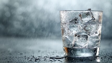 Refreshing cold drink in a glass with ice cubes, water droplets, and blurred background of rain for beverage and relaxation themes