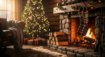 Warm and inviting rustic log cabin living room decorated for Christmas with a glowing fireplace and tree