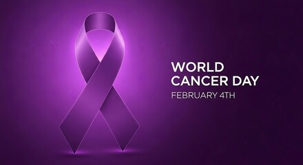 A purple ribbon symbolizes world cancer day awareness and hope for a cure