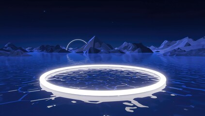 3D render of abstract background featuring illuminated neon rings in water, geometric shapes and panoramic seascape, suitable for digital art projects