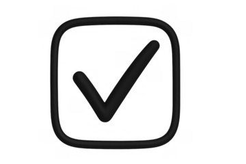 Black 3d check mark icon validating decisions, confirming success, agreement, and completion on transparent background