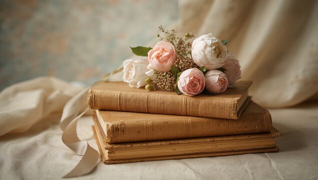 Vintage books accompanied by a bouquet of flowers, ideal for editorial header background