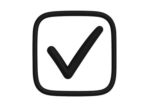 Black 3d check mark icon validating decisions, confirming success, agreement, and completion on transparent background