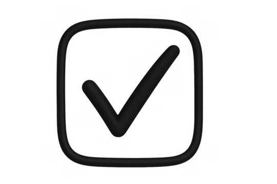 Black 3d check mark icon validating decisions, confirming success, agreement, and completion on transparent background