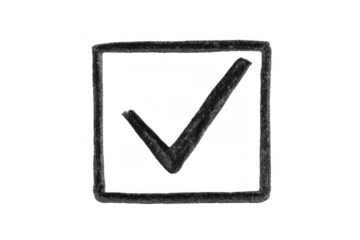 Hand-drawn check mark in a sketch box, indicating approval, completion, or successful task execution on transparent background