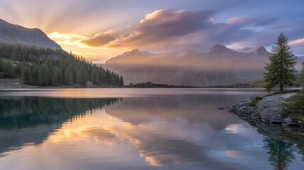 Serene mountain lake reflects golden sunrise light for peaceful nature escape