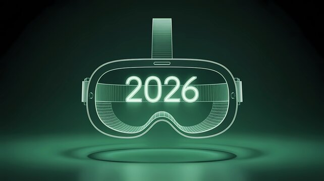 Conceptual image of a simple, floating VR headset outline with the year 2026 glowing inside. Represents the future of virtual reality