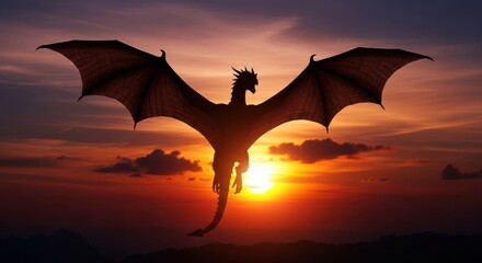 Dragon silhouette spreading wings dramatically against a vibrant epic sunset